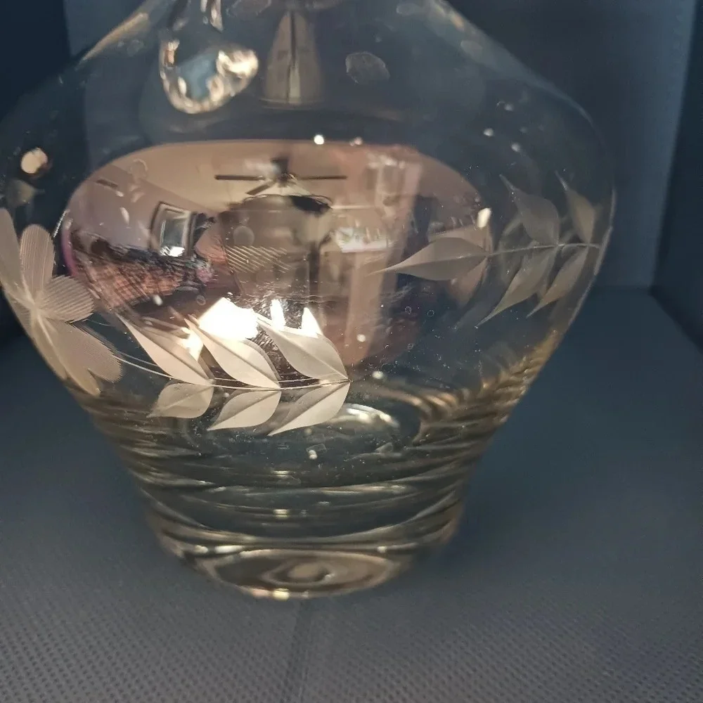 Crystal wine carafe and glasses set of 4 etched floral pattern
